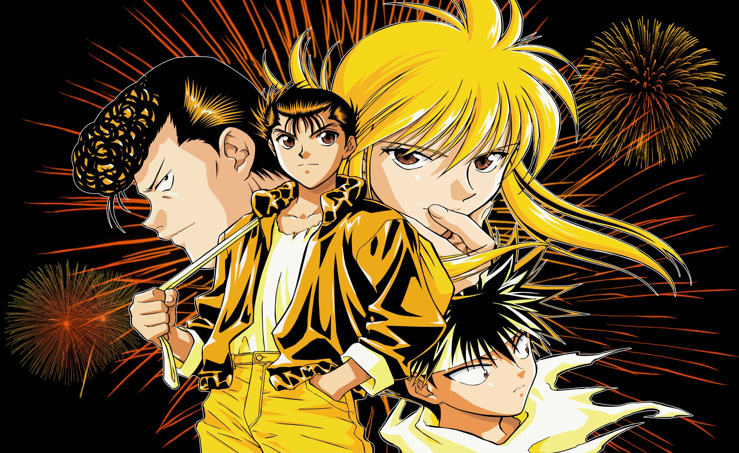 Yuyu Hakusho, yellow outfits, black background, Full HD Desktop Wallpaper