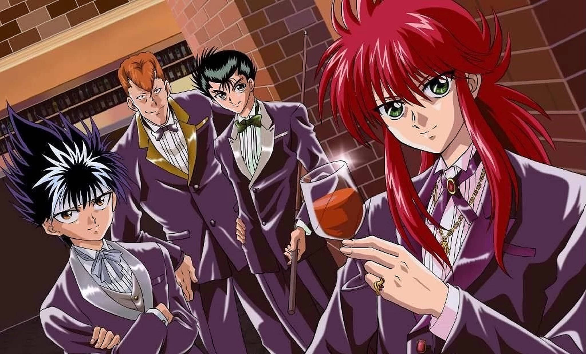 Yuyu Hakusho, purple tuxedos, dimly lit bar, Full HD Desktop Wallpaper