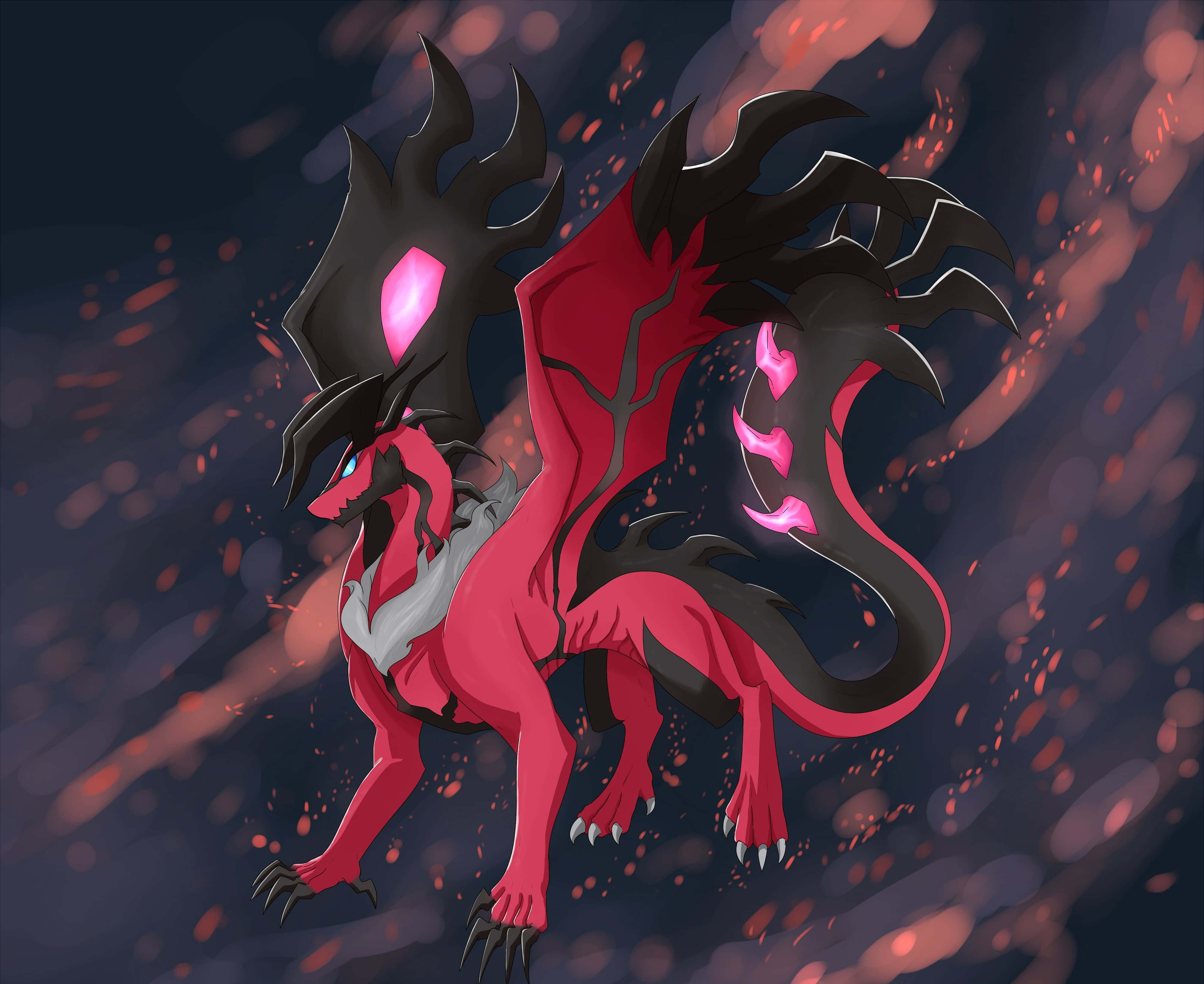 Yveltal, red and black dragon, glowing pink eyes, 4K Desktop Wallpaper