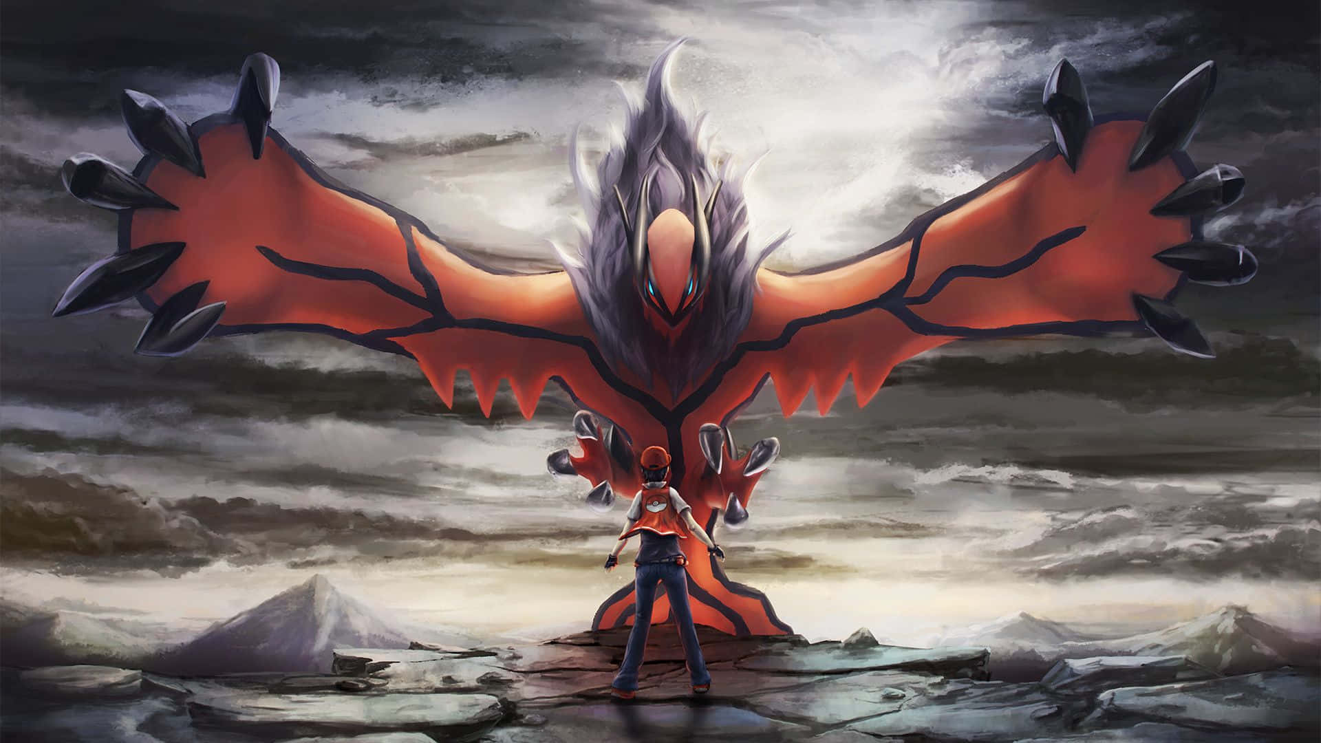 Yveltal, fiery red and black, massive, Full HD Desktop Wallpaper