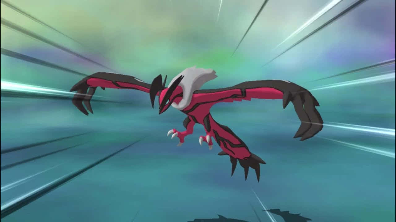 Yveltal, red and black bird-like Pokémon, streaked teal and green sky, HD Desktop Wallpaper