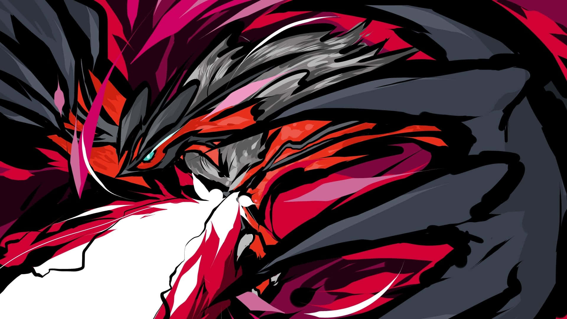Yveltal, glowing blue eyes, flowing red and black wings, Full HD Desktop Wallpaper