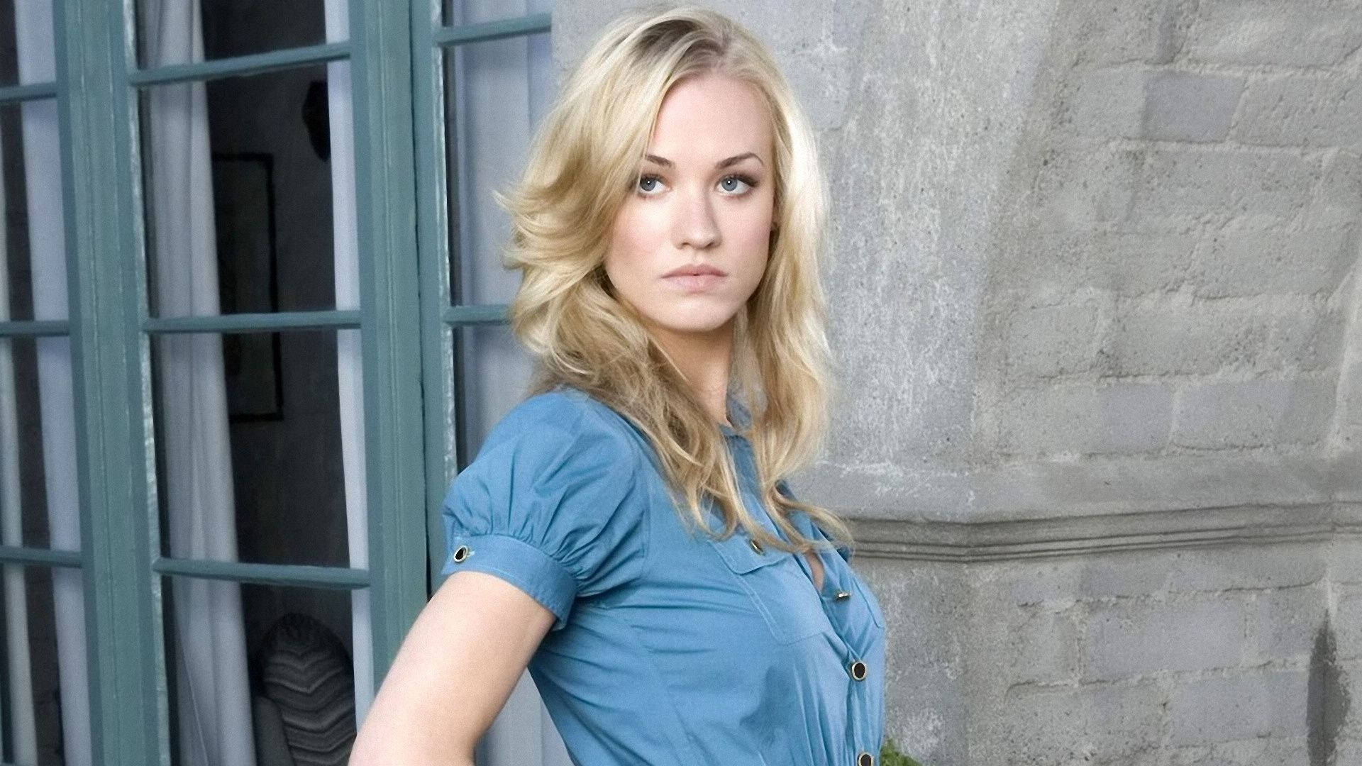 Yvonne Strahovski, blue blouse, stone wall, Full HD Desktop Wallpaper
