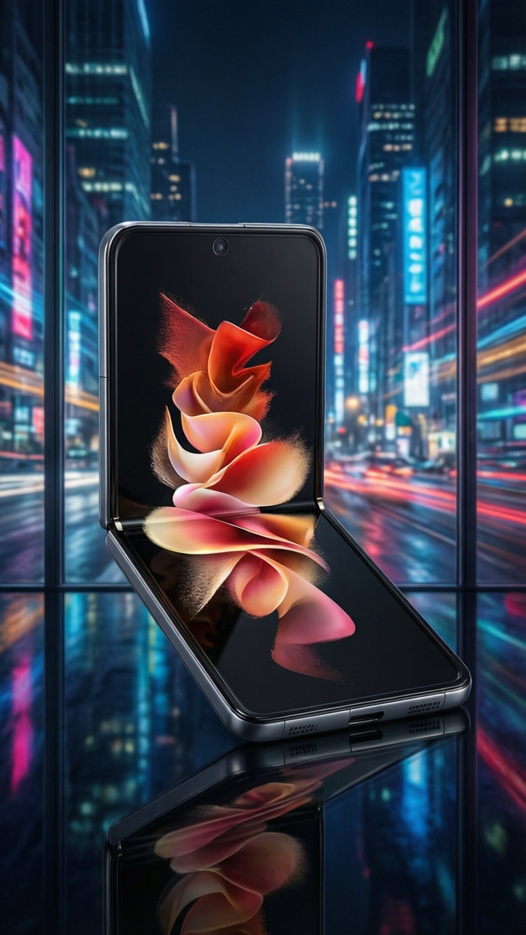 Z Flip 5, neon-lit city, futuristic, Full HD Phone Wallpaper