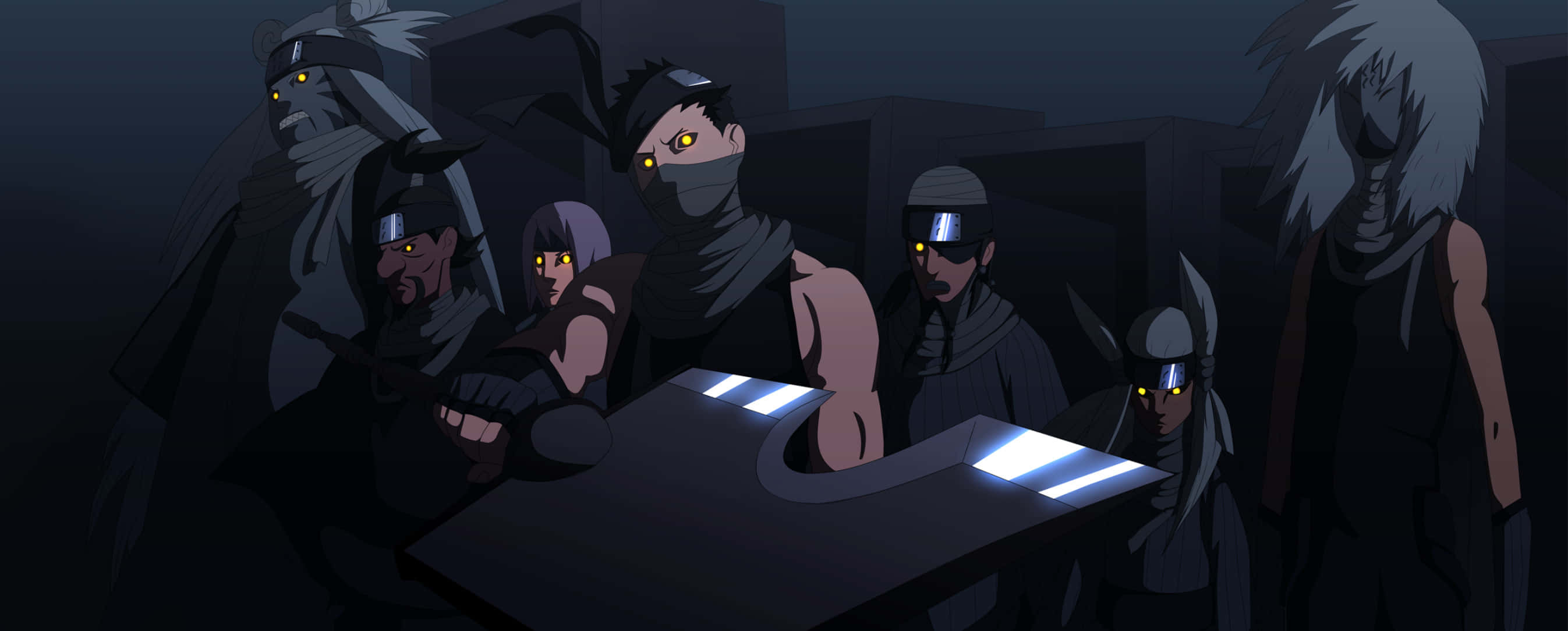 Zabuza Momochi, glowing yellow eyes, glowing table, 2K Desktop Wallpaper