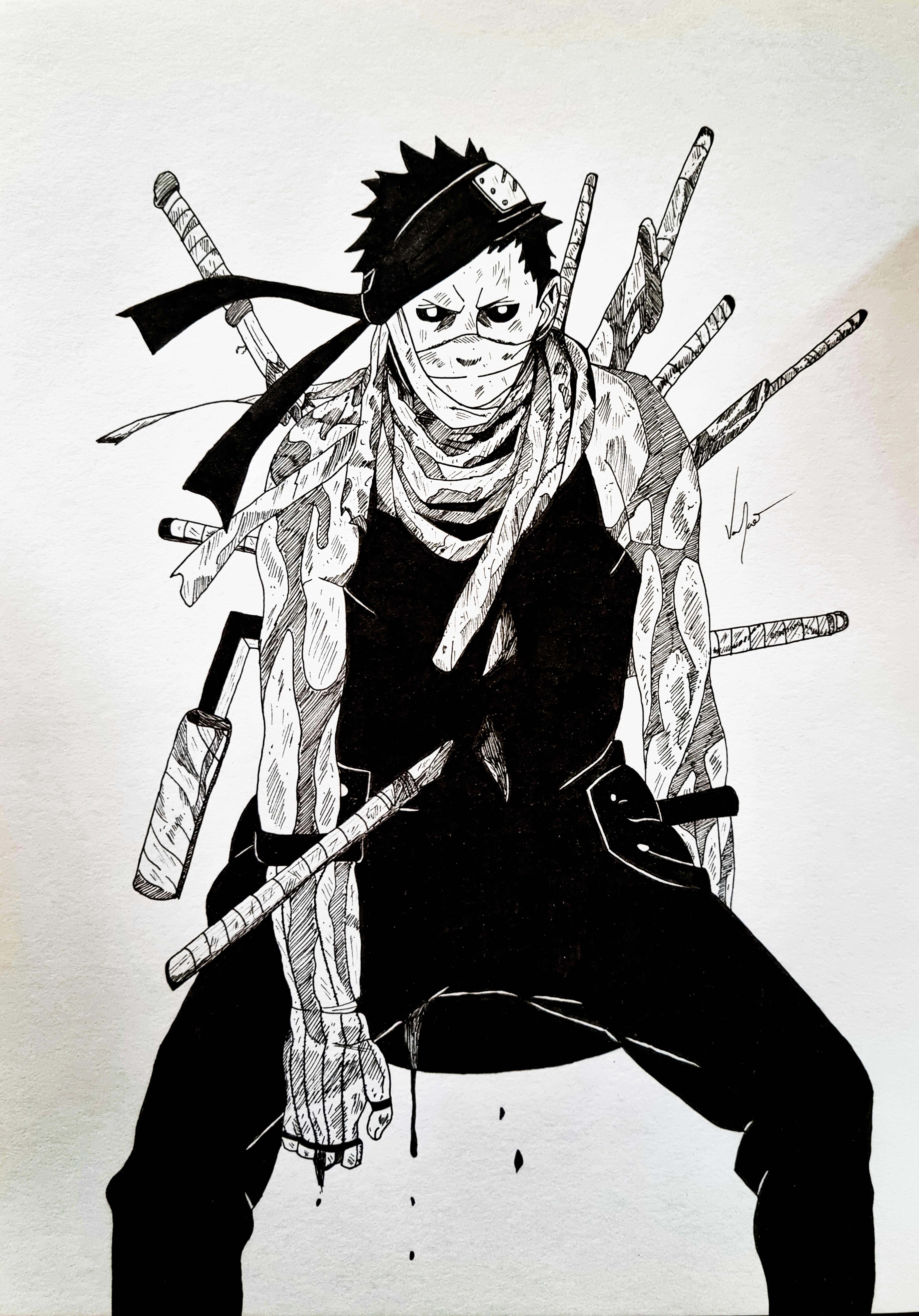 Zabuza Momochi, black and white ink, combat stance, 8K Phone Wallpaper