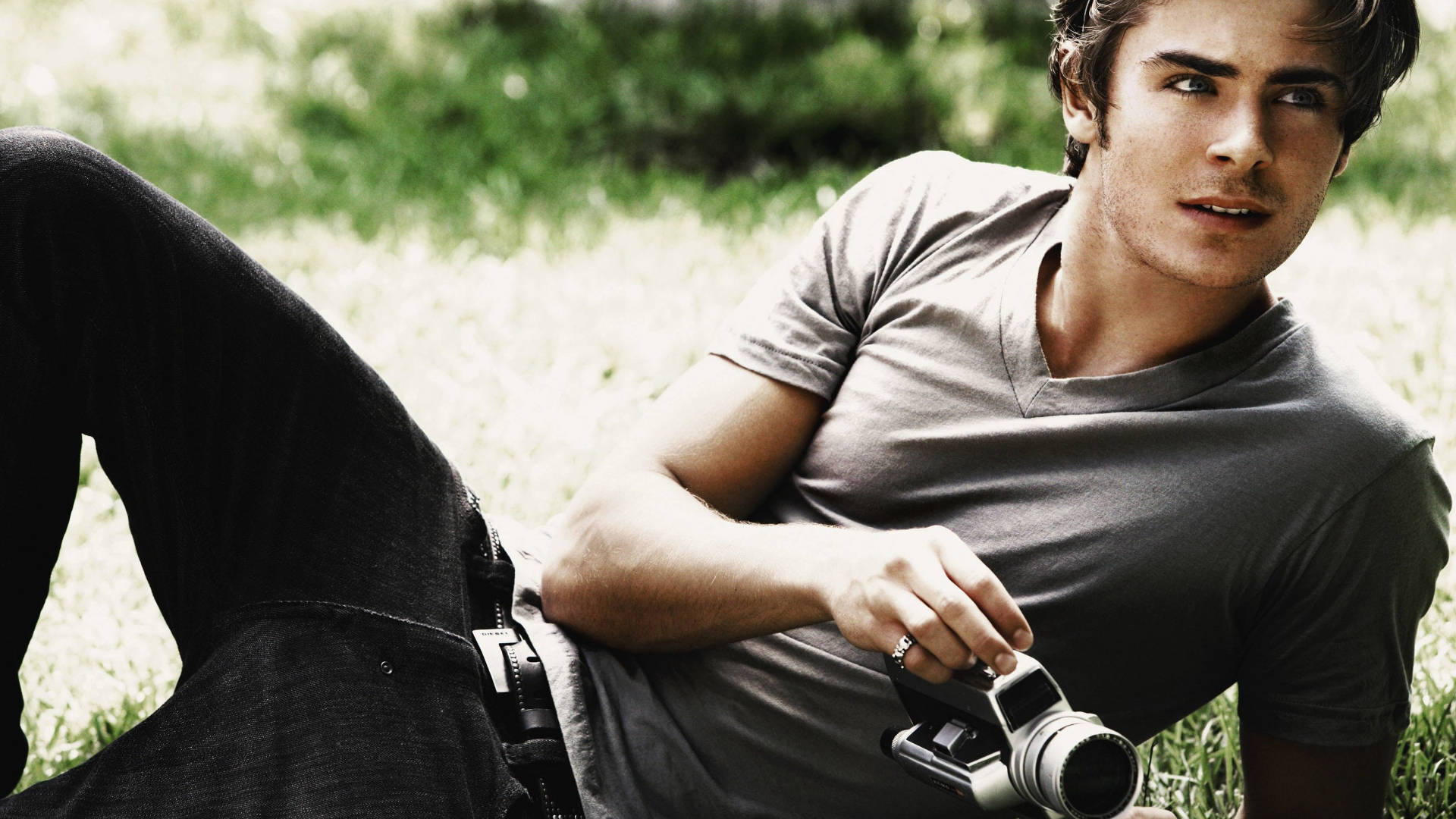 Zac Efron, vintage camera, grass, Full HD Desktop Wallpaper
