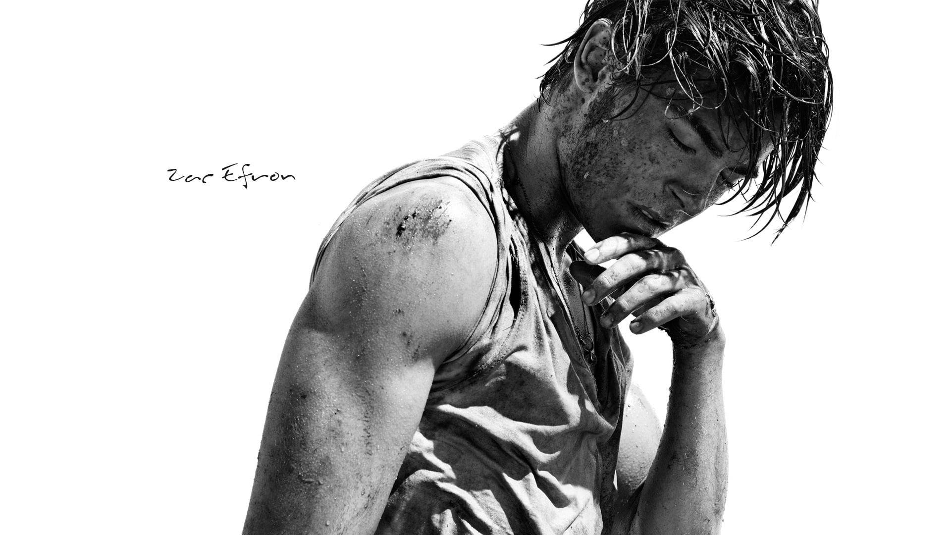 Zac Efron, black and white portrait, sweaty, Full HD Desktop Wallpaper