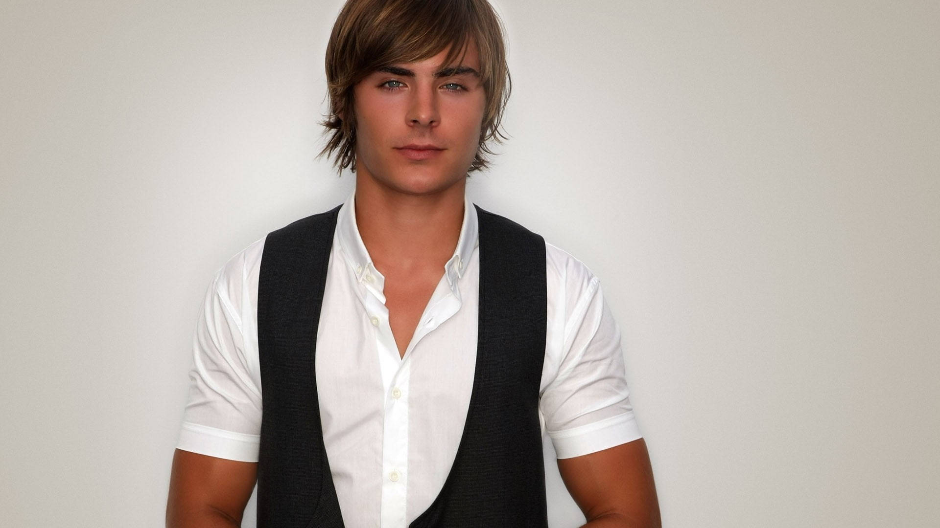 Zac Efron, white shirt, black vest, Full HD Desktop Wallpaper
