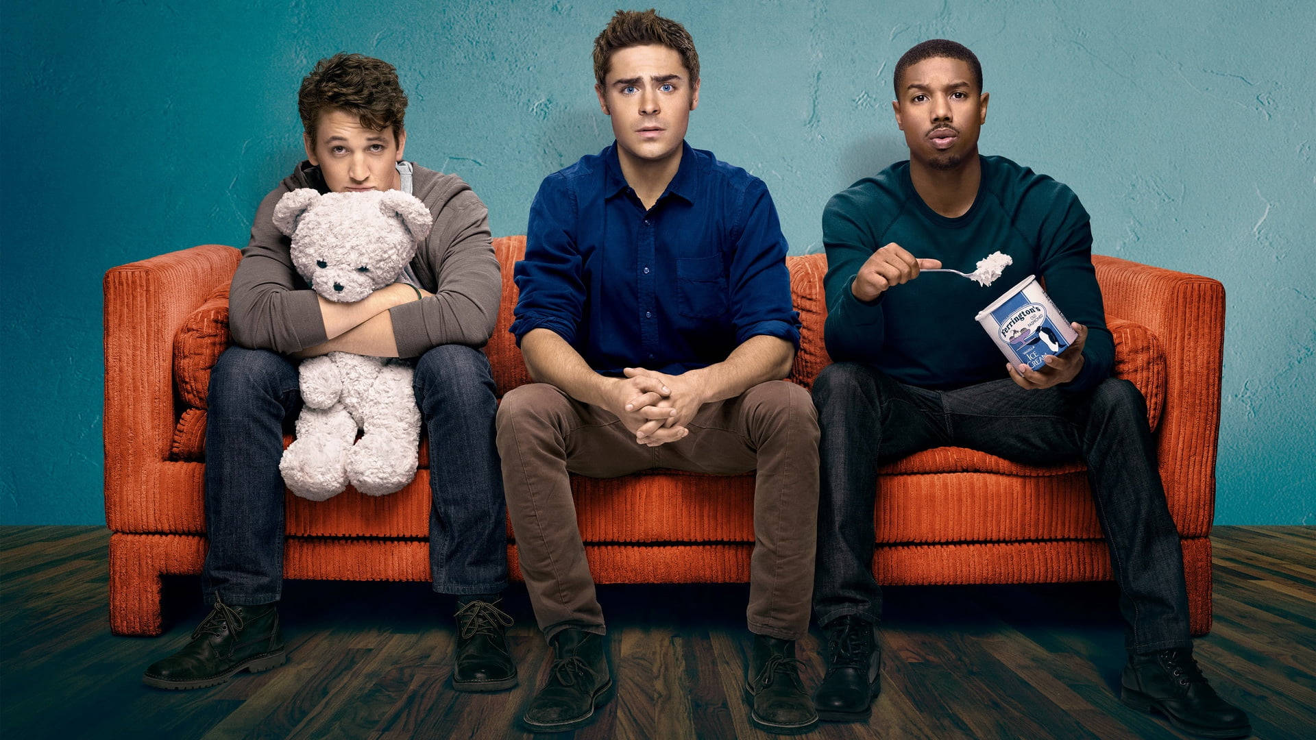 Zac Efron, orange couch, teal wall, Full HD Desktop Wallpaper