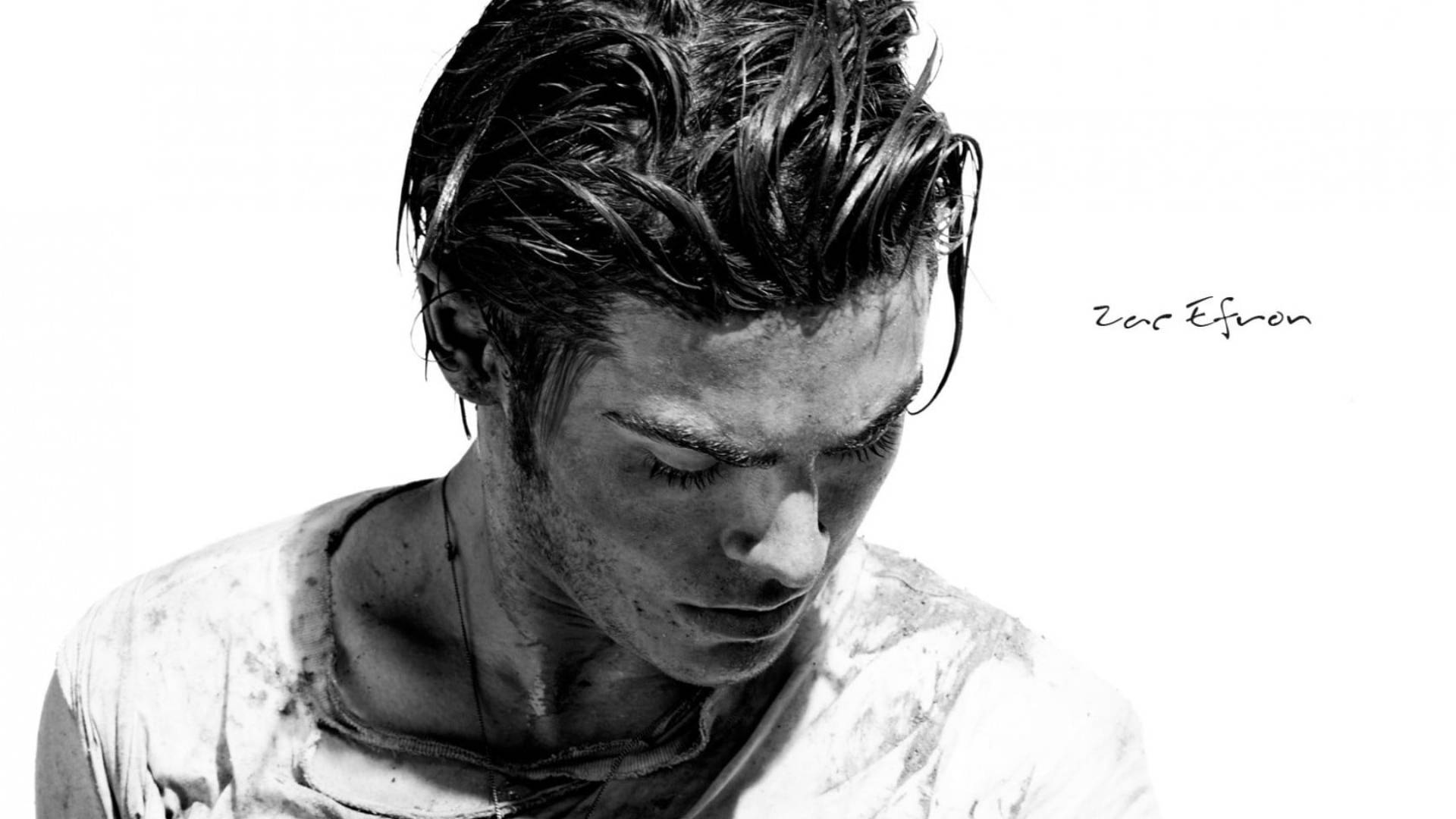 Zac Efron, grayscale photography, wet hair, Full HD Desktop Wallpaper
