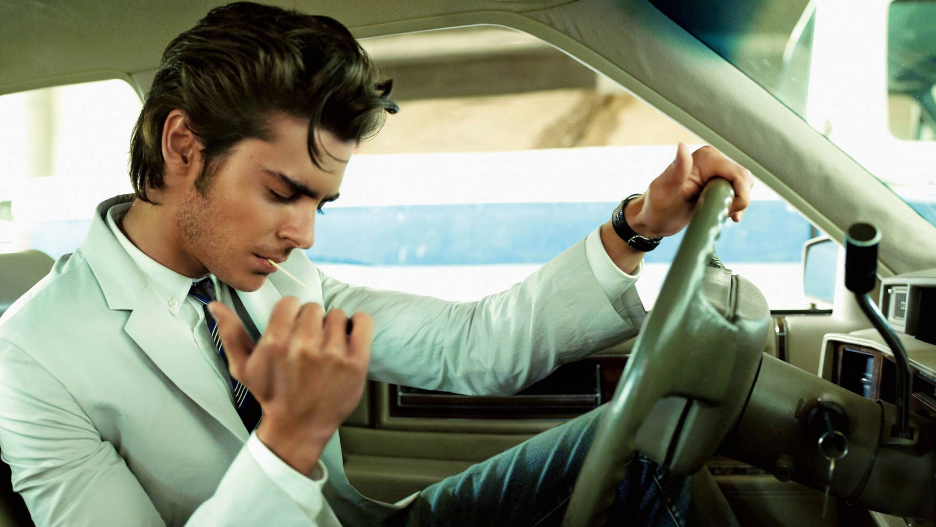 retro zac efron, light suit, vintage car, Full HD Desktop Wallpaper