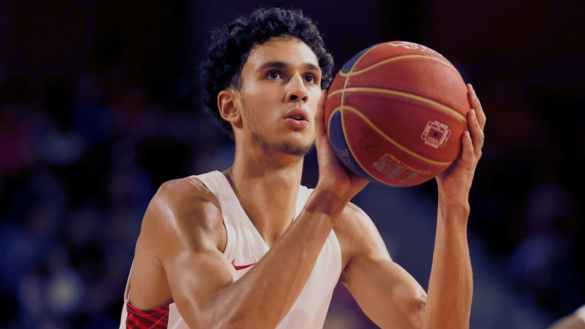 Zaccharie Risacher, white jersey, red basketball, Full HD Desktop Wallpaper