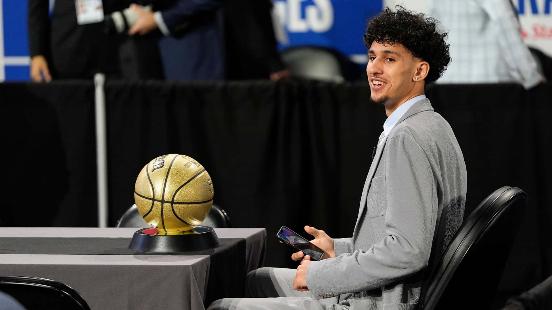 Zaccharie Risacher, gray suit, golden basketball trophy, Full HD Desktop Wallpaper