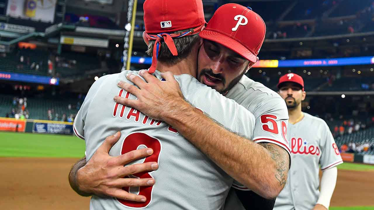 Zach Eflin, red caps, stadium field, HD Desktop Wallpaper