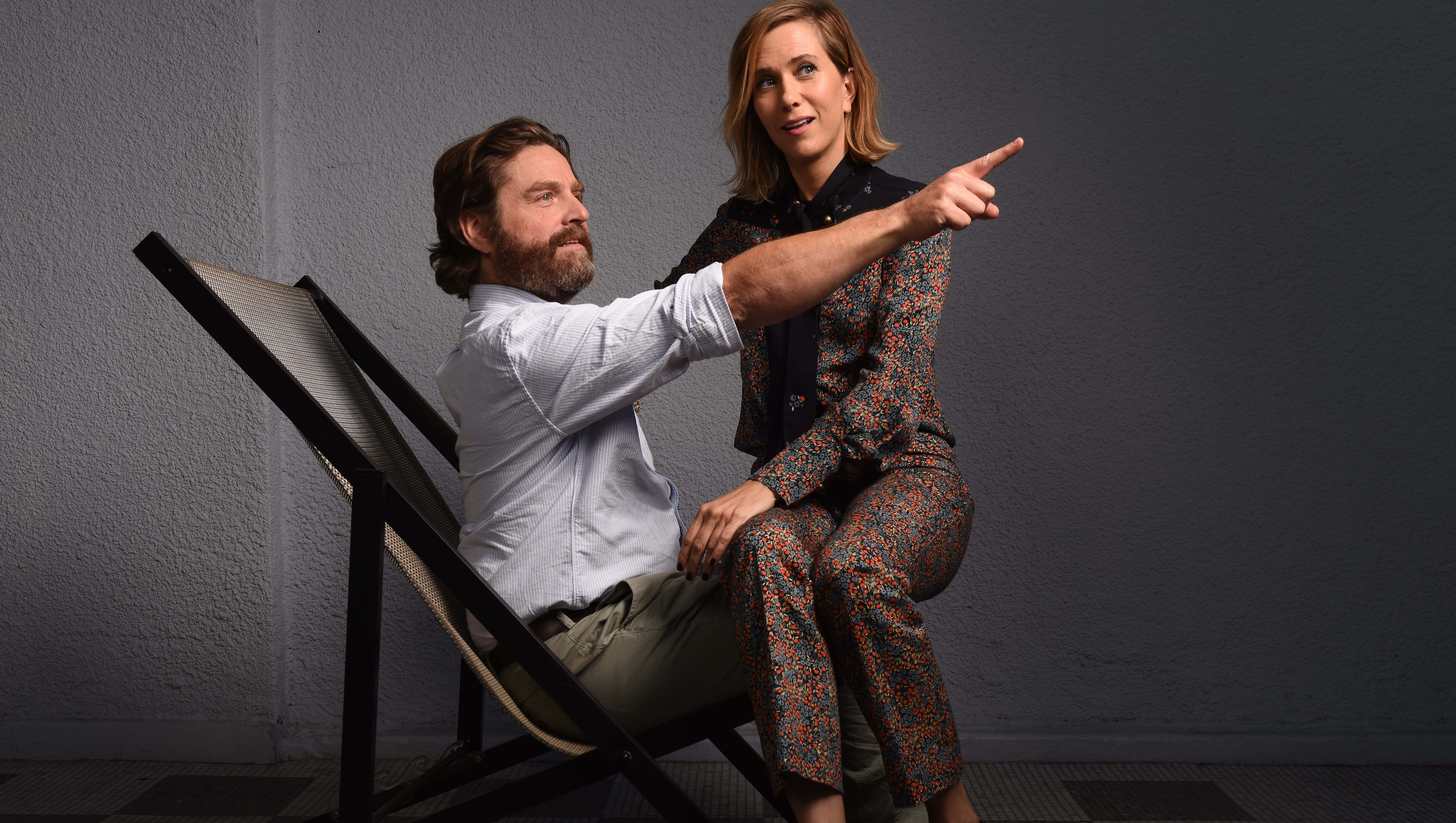 Zach Galifianakis, lounge chair, textured gray wall, 5K Desktop Wallpaper