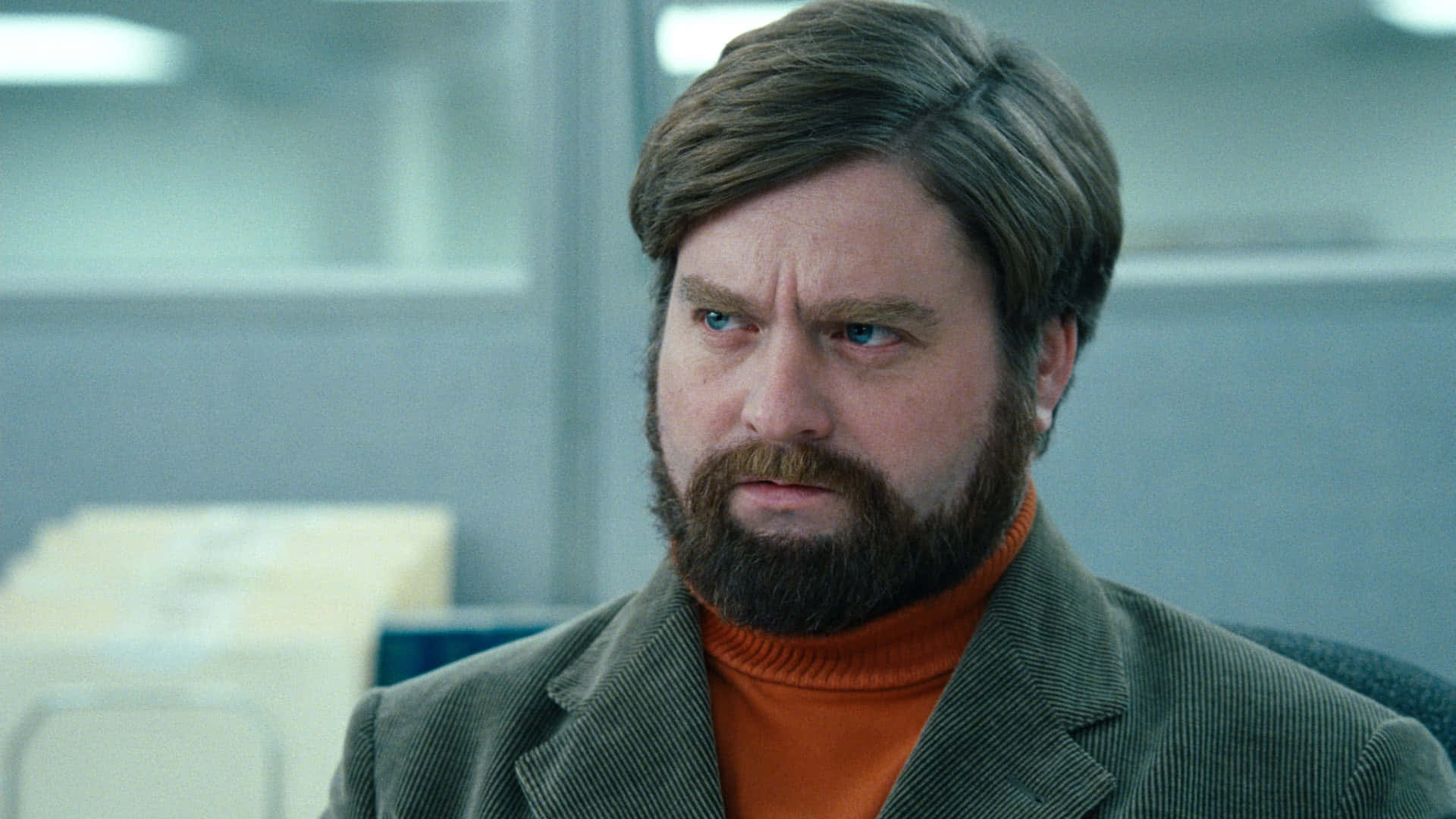 Zach Galifianakis, orange turtleneck, green jacket, Full HD Desktop Wallpaper