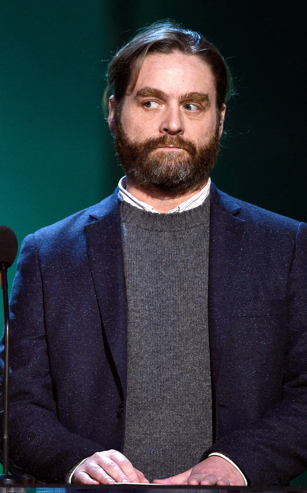 Zach Galifianakis, navy blazer, gray sweater, Full HD Phone Wallpaper