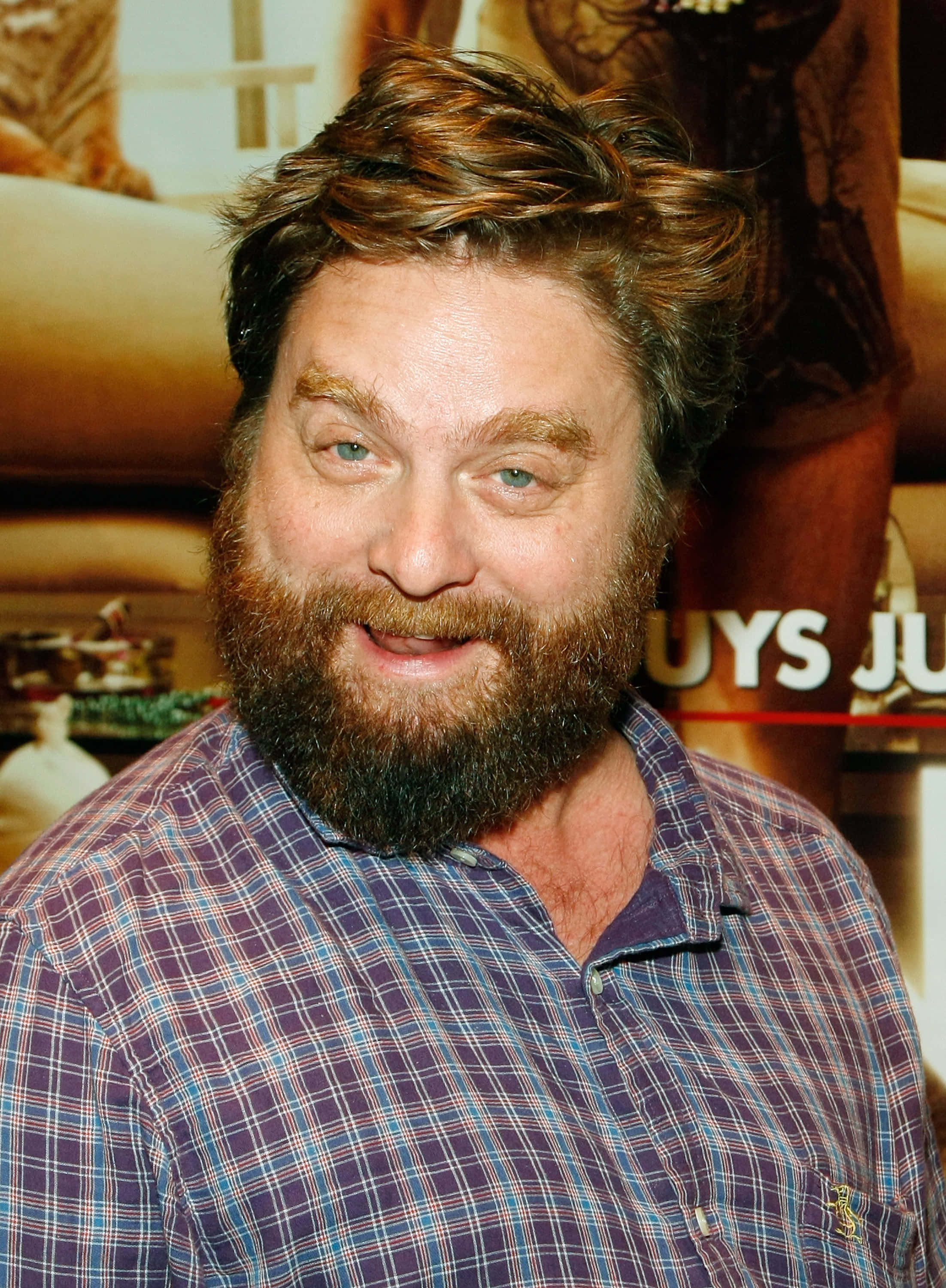 Zach Galifianakis, denim jacket, plaid shirt, 2K Phone Wallpaper