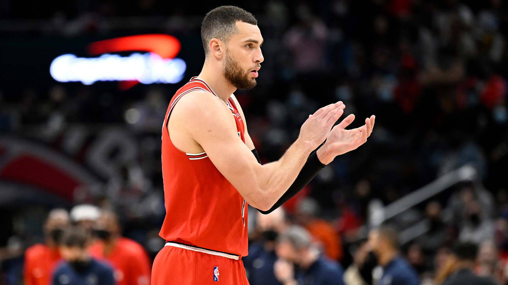 Zach Lavine, red jersey, bright arena lights, Full HD Desktop Wallpaper