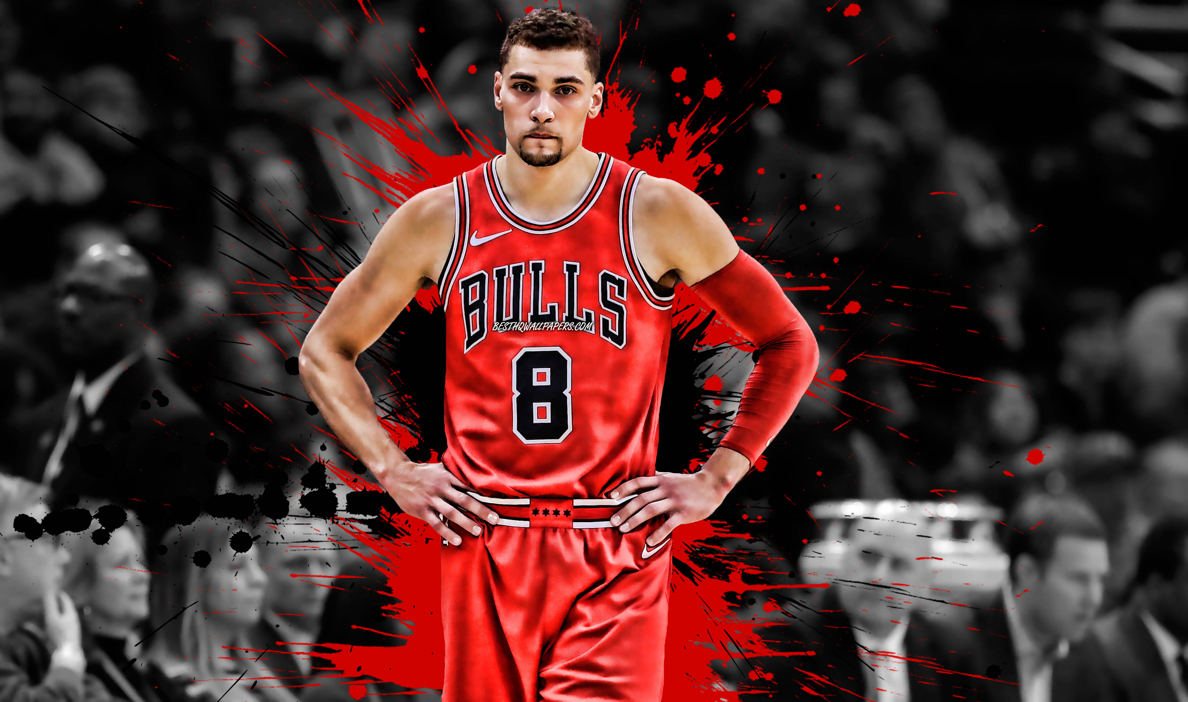 Zach Lavine, red Bulls jersey, black and white crowd backdrop, 4K Desktop Wallpaper