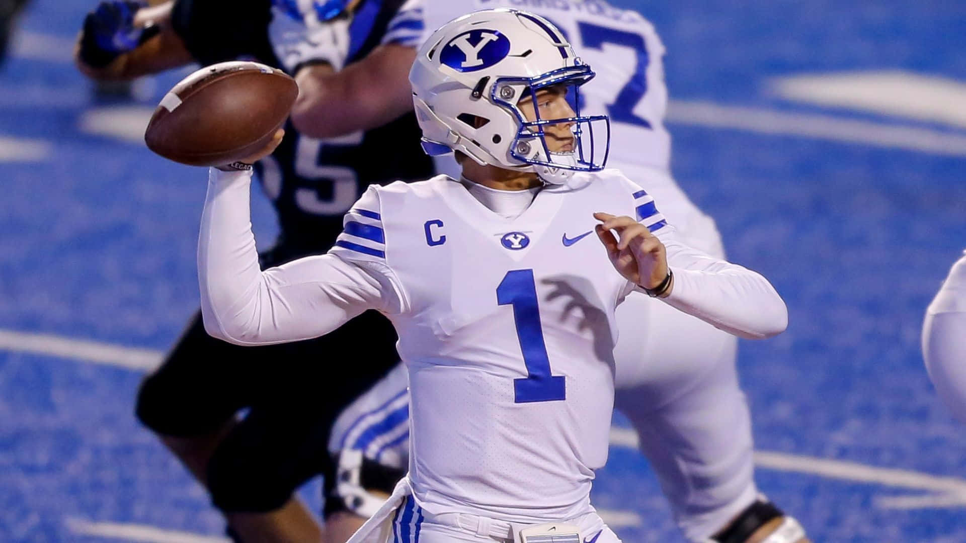 Zach Wilson, college football quarterback, white and blue uniform, Full HD Desktop Wallpaper