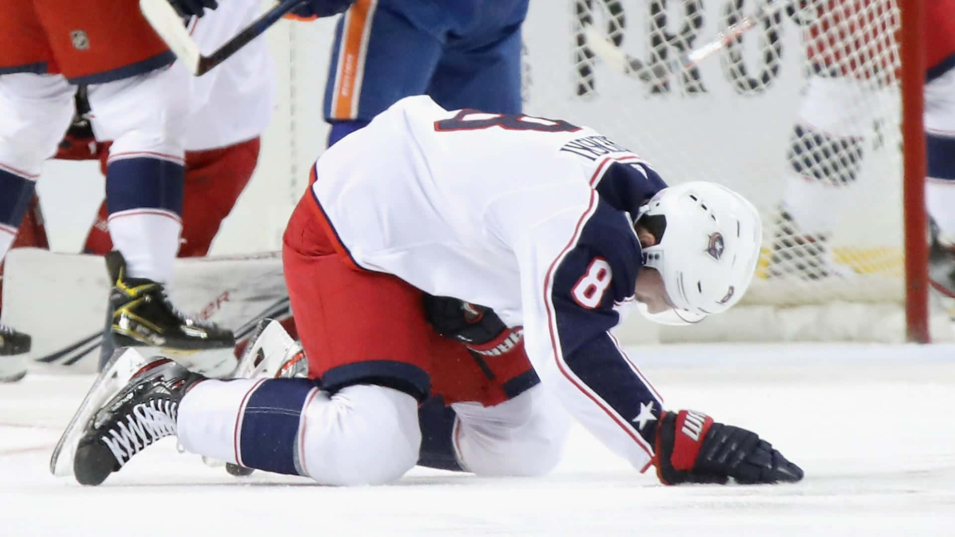 Zachary Werenski, white and red uniform, ice, Full HD Desktop Wallpaper