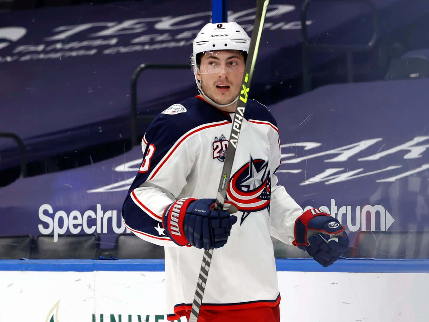 Zachary Werenski, American professional ice hockey player, white and blue uniform, HD Desktop Wallpaper