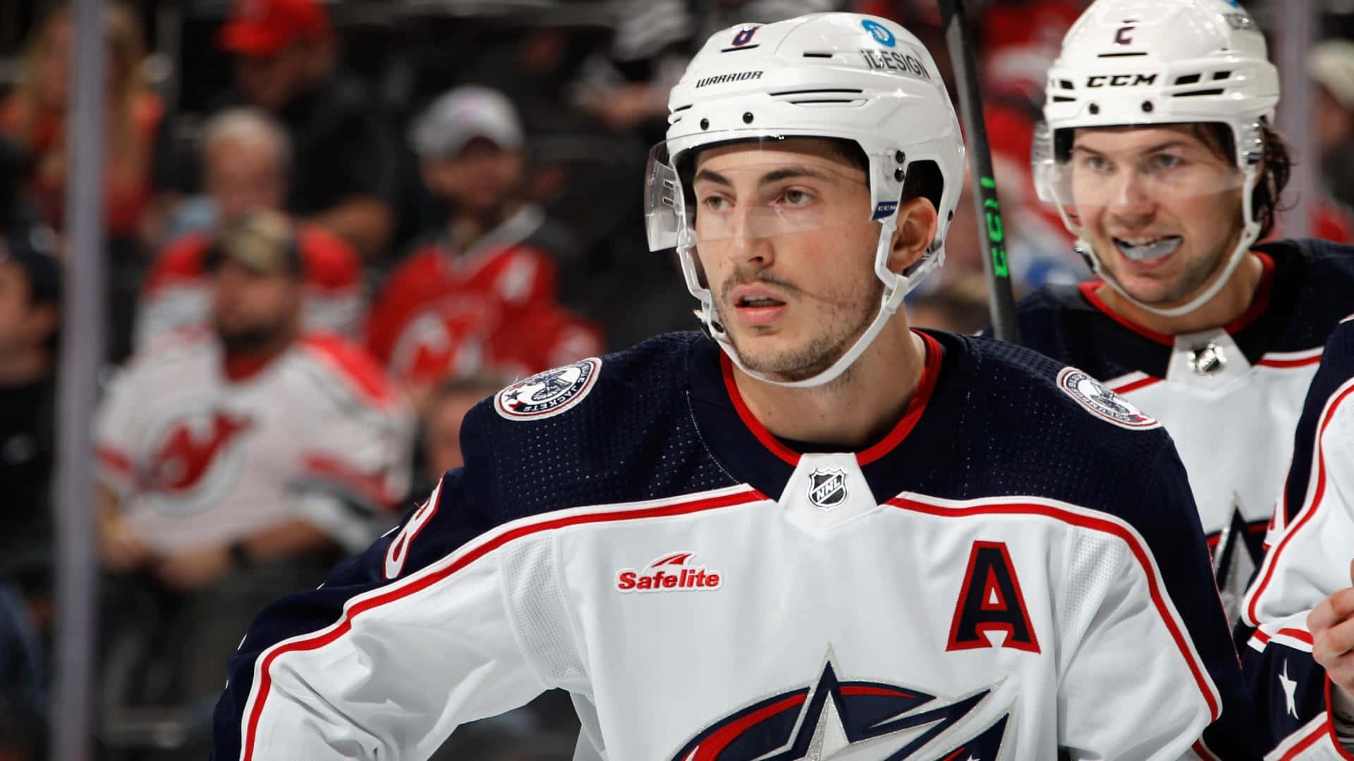 Zachary Werenski, blue and white uniform, white jersey, Full HD Desktop Wallpaper