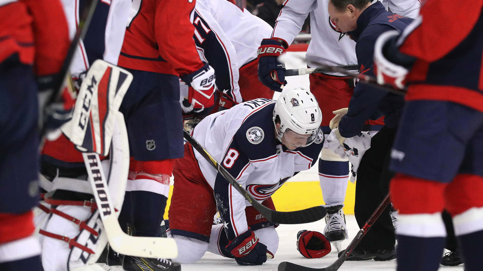 Zachary Werenski, white jersey number 8, ice, Full HD Desktop Wallpaper