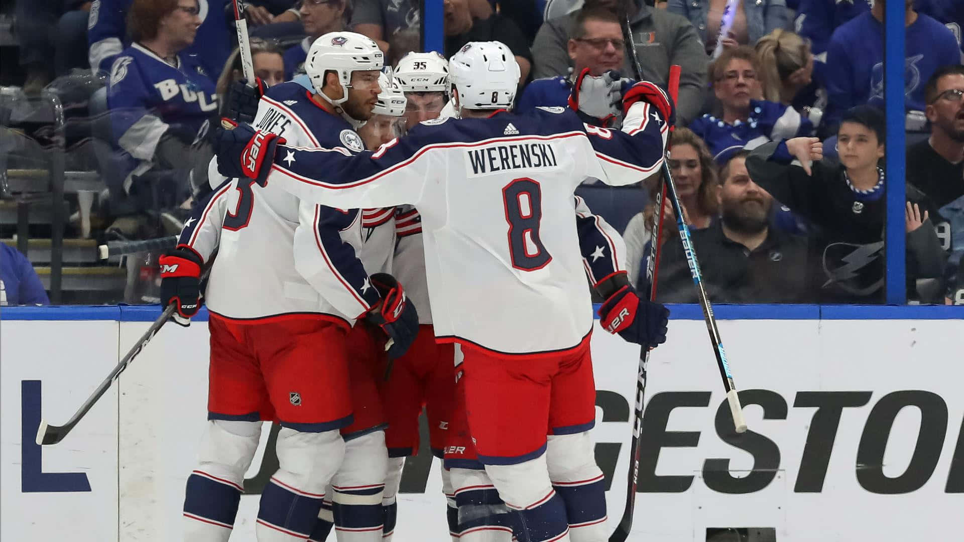 Zachary Werenski, ice hockey player, white red and blue uniforms, Full HD Desktop Wallpaper