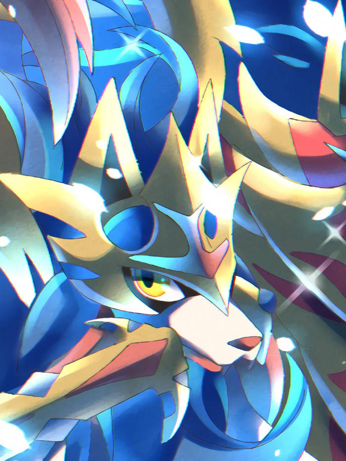Zacian, glowing blue, gold armor, SD Phone Wallpaper
