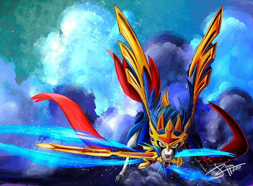 Zacian, golden wings, red cape, SD Desktop Wallpaper