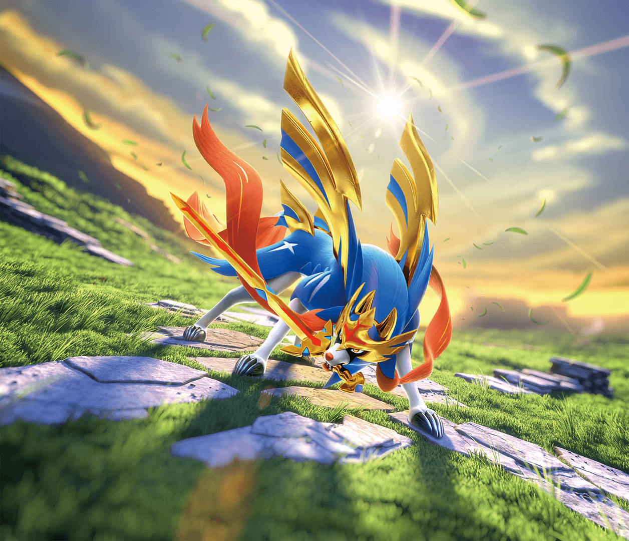 Zacian, blue and gold, fiery wings, SD Desktop Wallpaper