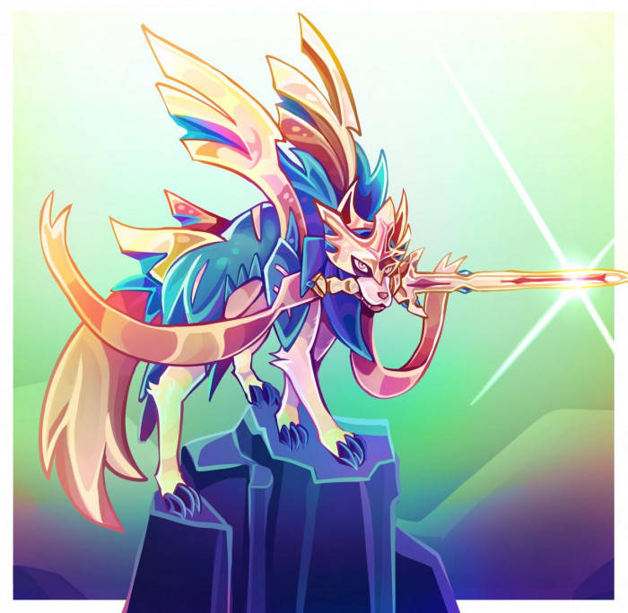 Zacian, rainbow wings, glowing sword, SD Desktop Wallpaper