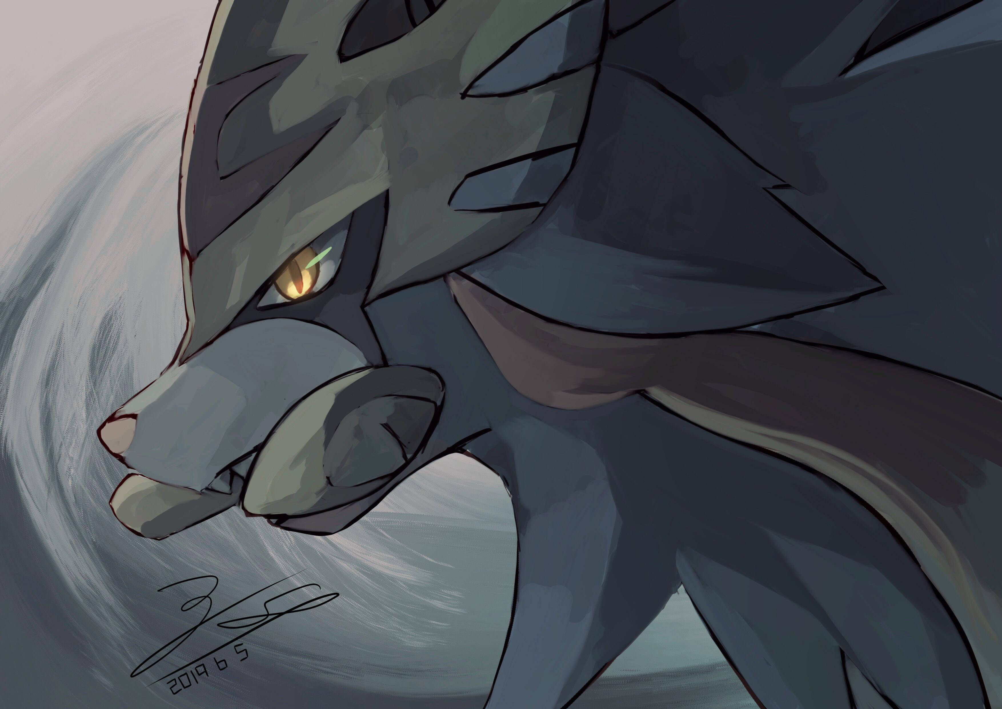 Zacian, gray, glowing amber eyes, 2K Desktop Wallpaper