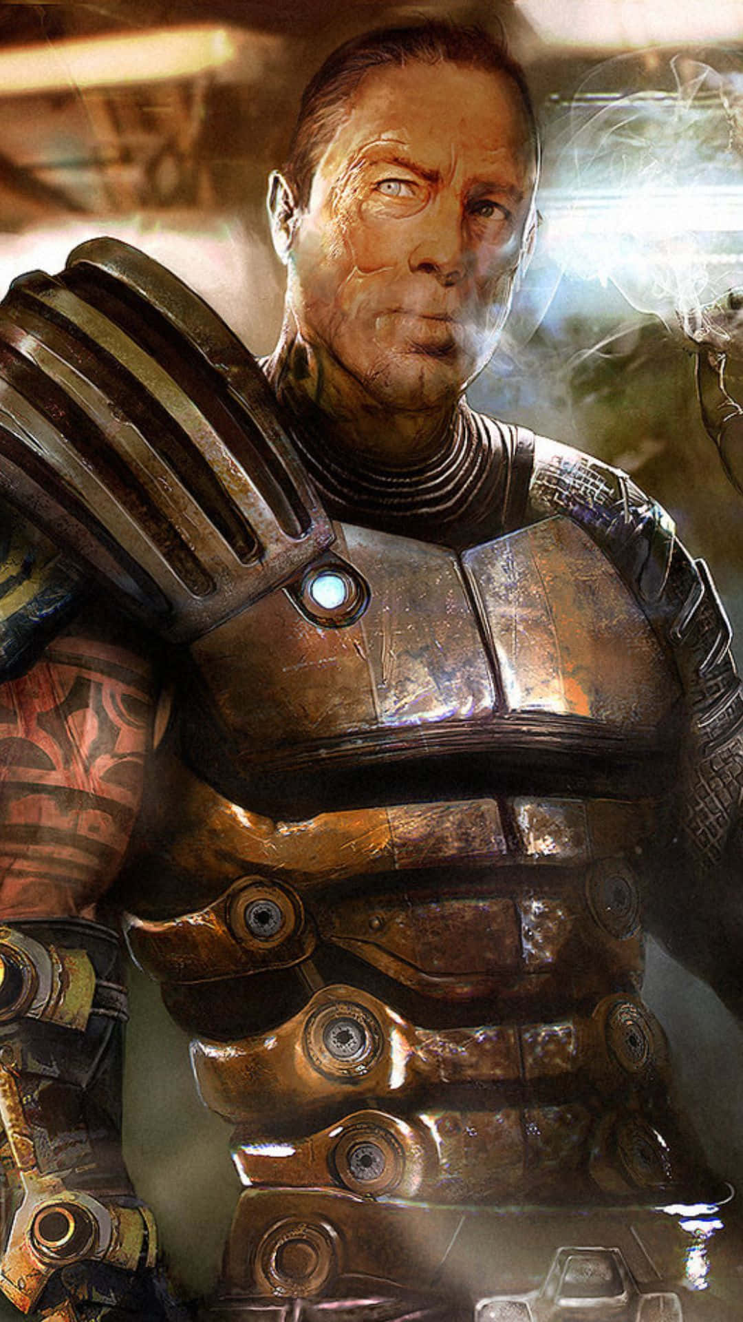 Zaeed Massani, bronze armor, glowing blue accents, Full HD Phone Wallpaper