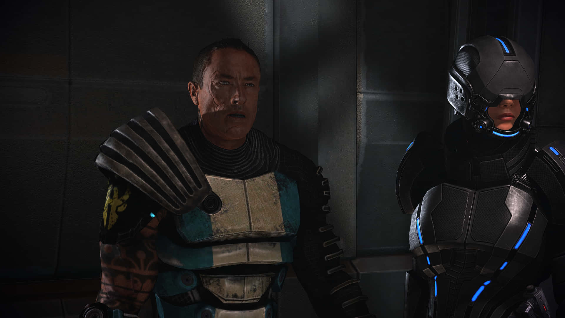 Zaeed Massani, futuristic corridor, weathered armor, Full HD Desktop Wallpaper