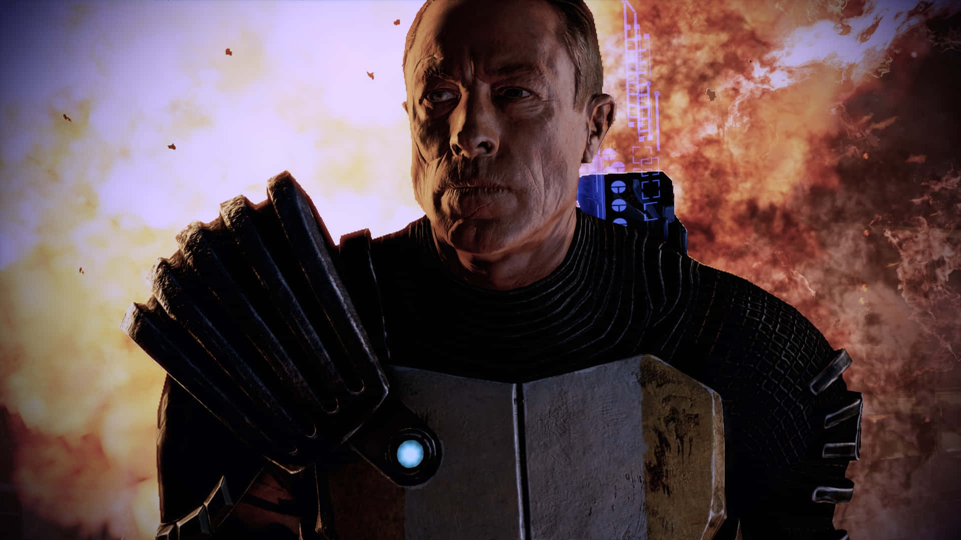 Zaeed Massani, futuristic armor, fiery explosion, Full HD Desktop Wallpaper