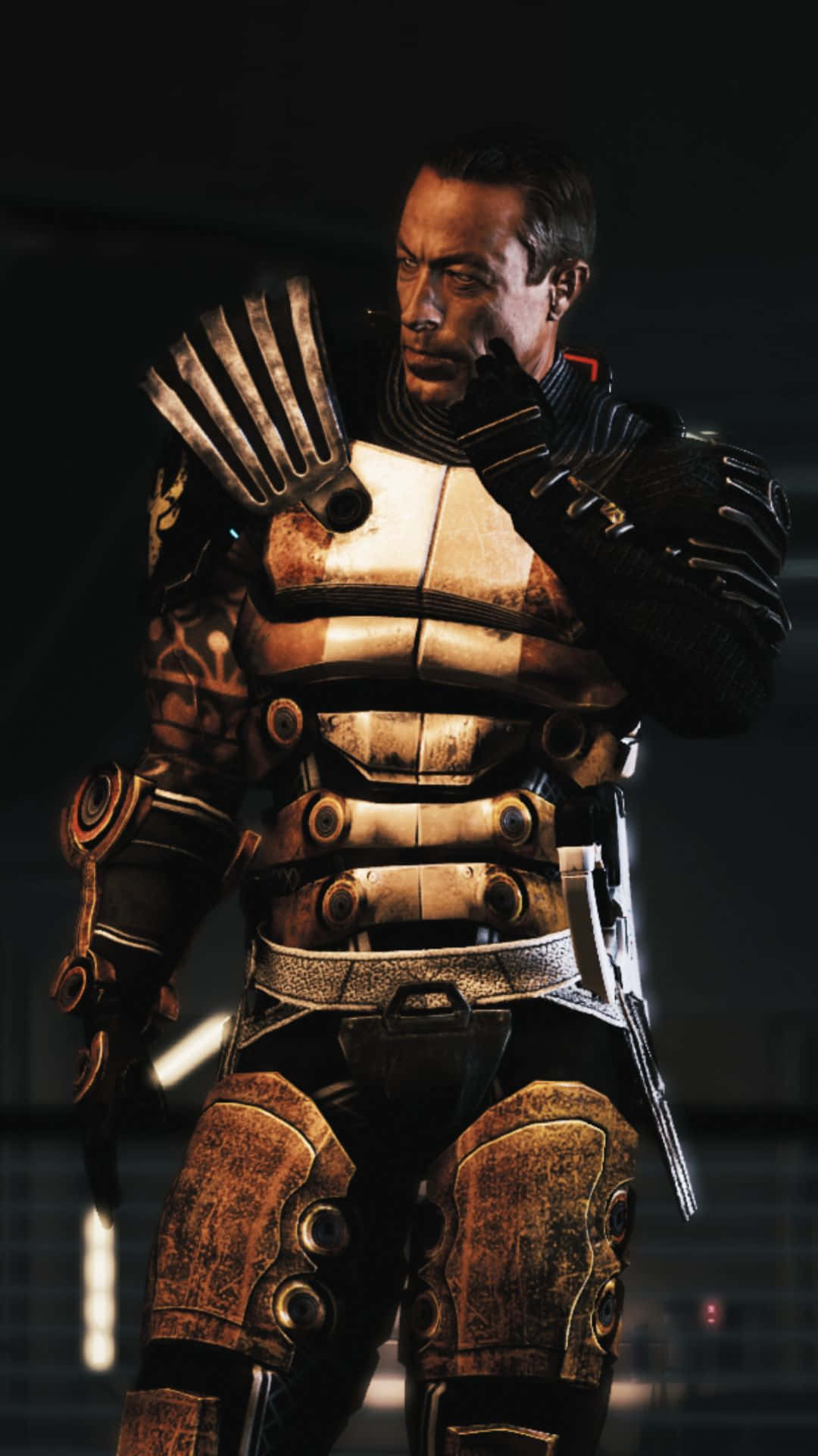 Zaeed Massani, golden and black armor, dim futuristic corridor, Full HD Phone Wallpaper