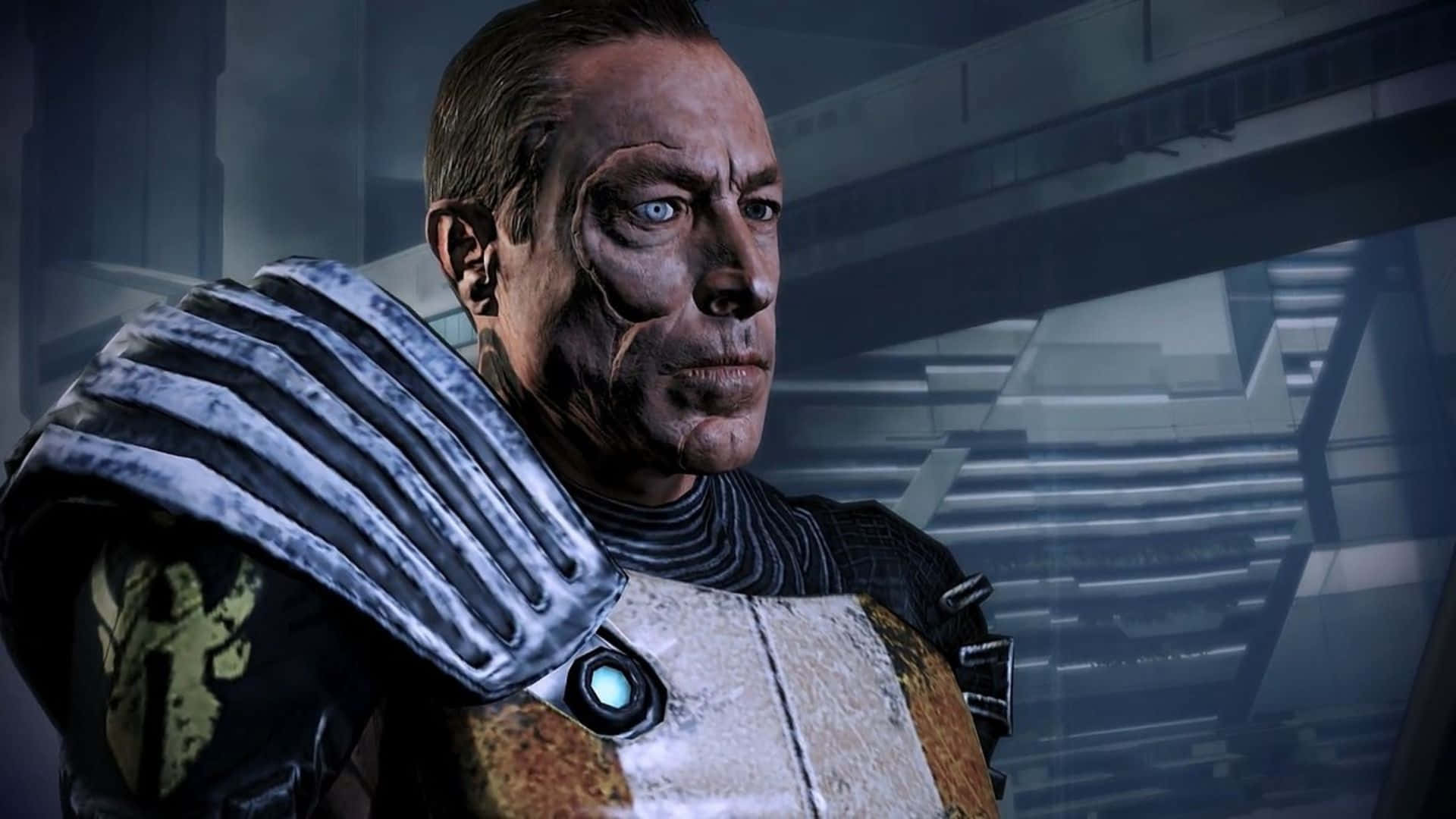 Zaeed Massani, glowing blue eyes, weathered armor, Full HD Desktop Wallpaper