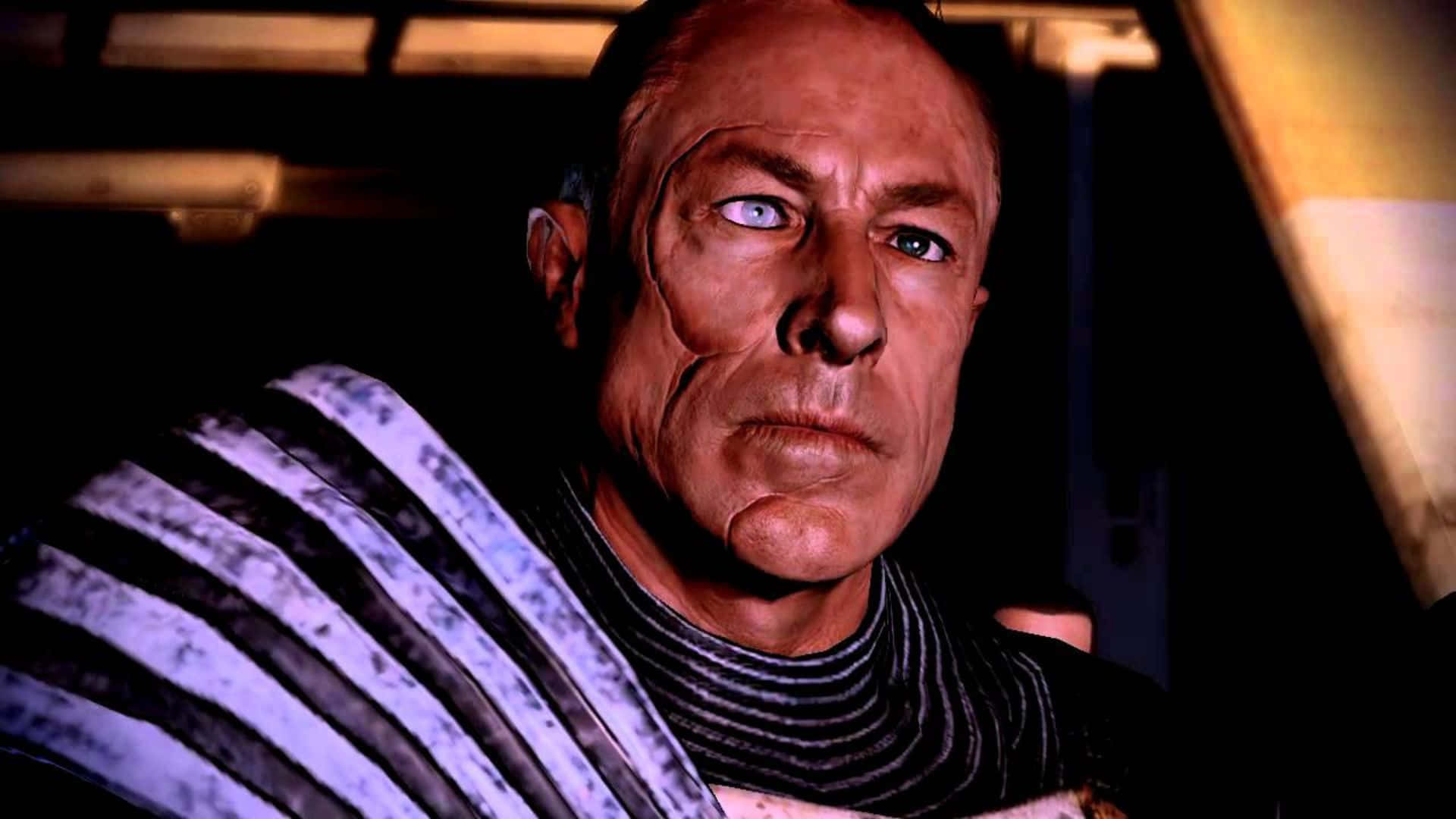 Zaeed Massani, glowing blue eye, striped shirt, Full HD Desktop Wallpaper