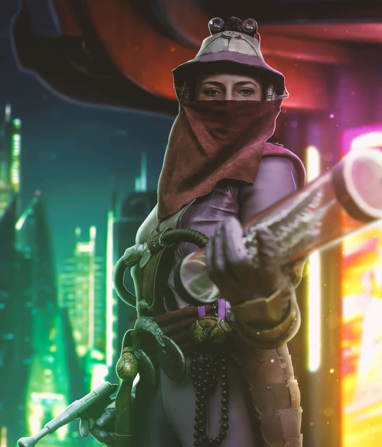 Zam Wesell, neon-lit cyberpunk cityscape, masked female bounty hunter, HD Phone Wallpaper