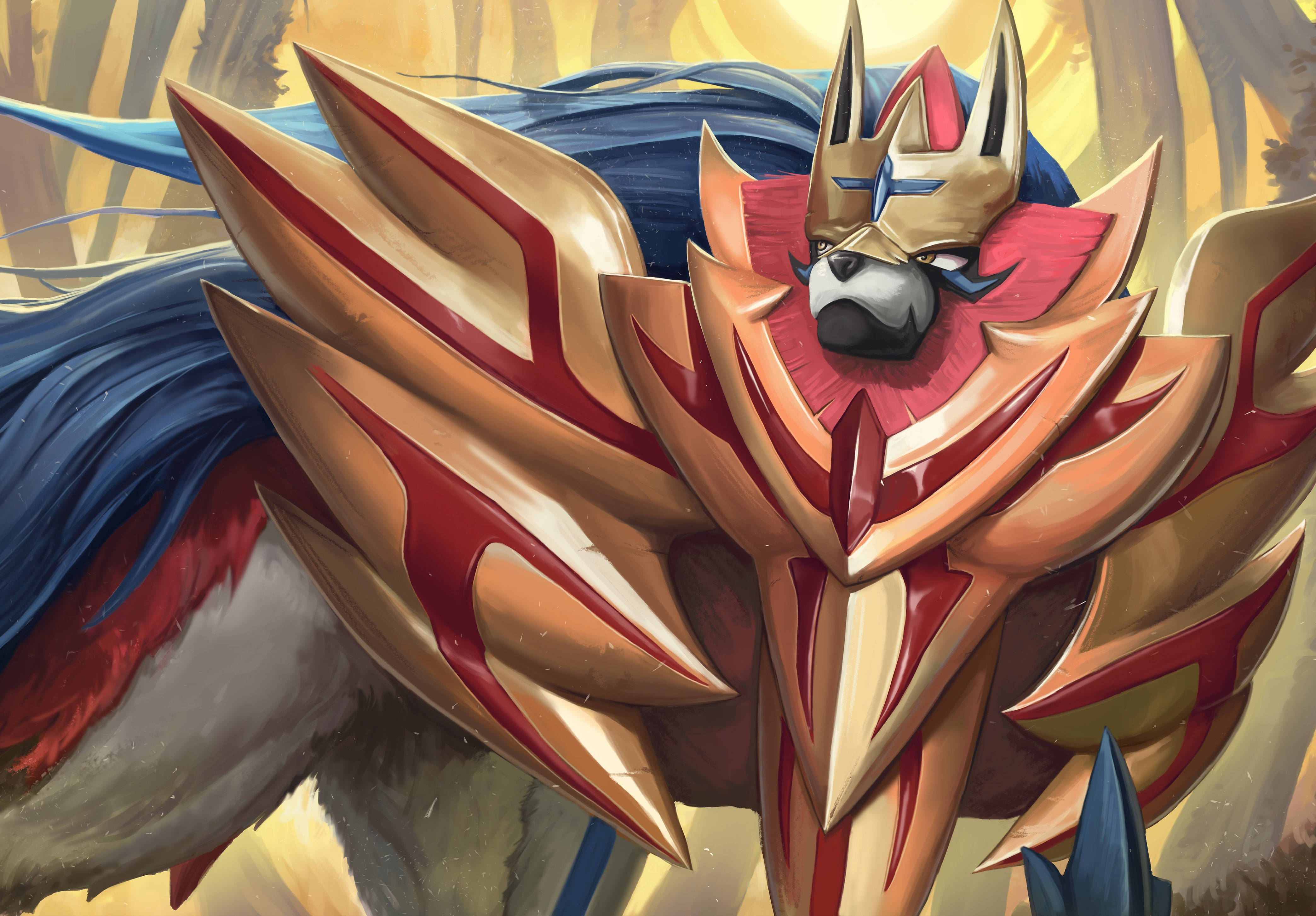 Zamazenta, golden red plating, blue mane, 4K Desktop Wallpaper