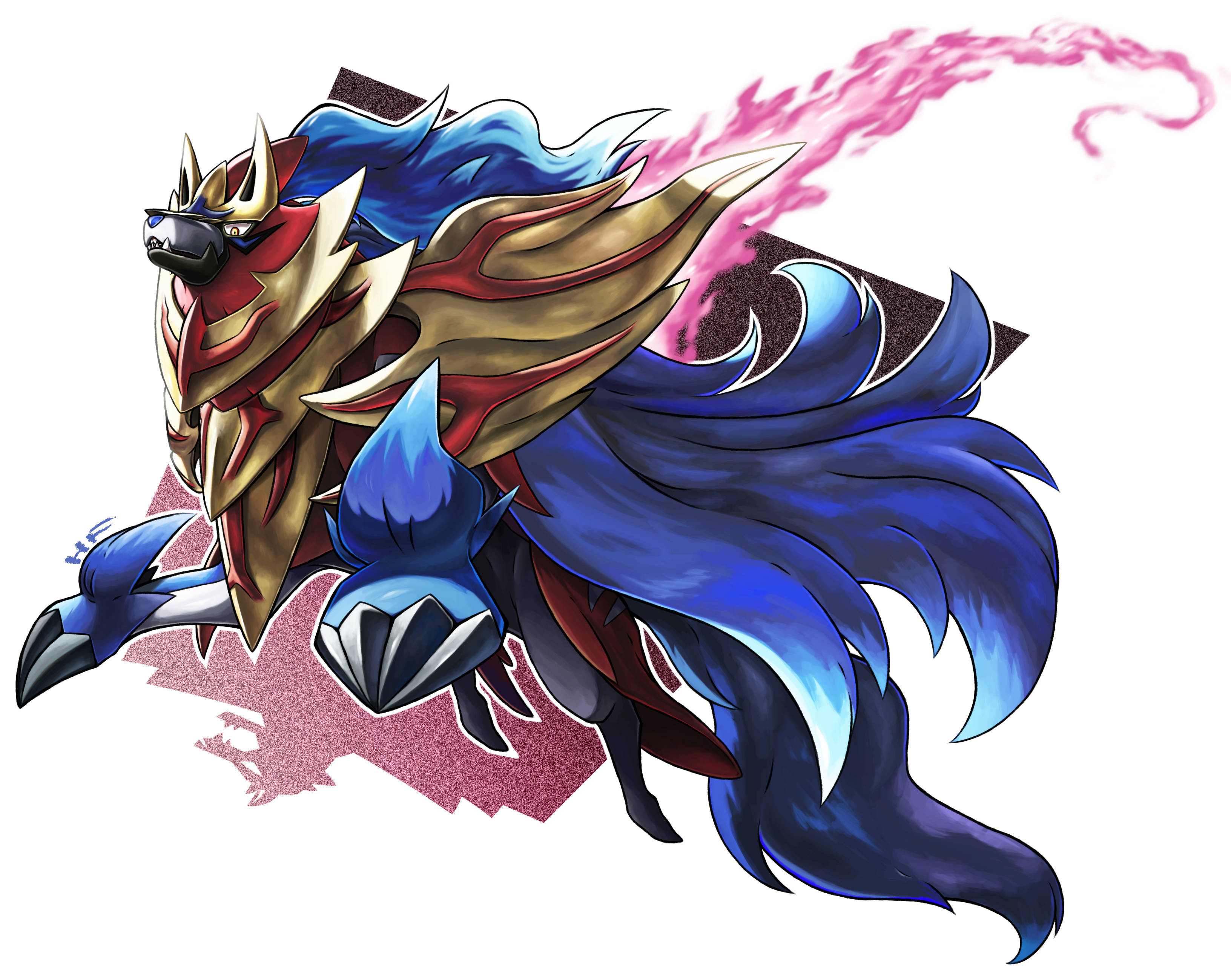 Zamazenta, blue and gold armored dragon, flowing mane, 2K Desktop Wallpaper