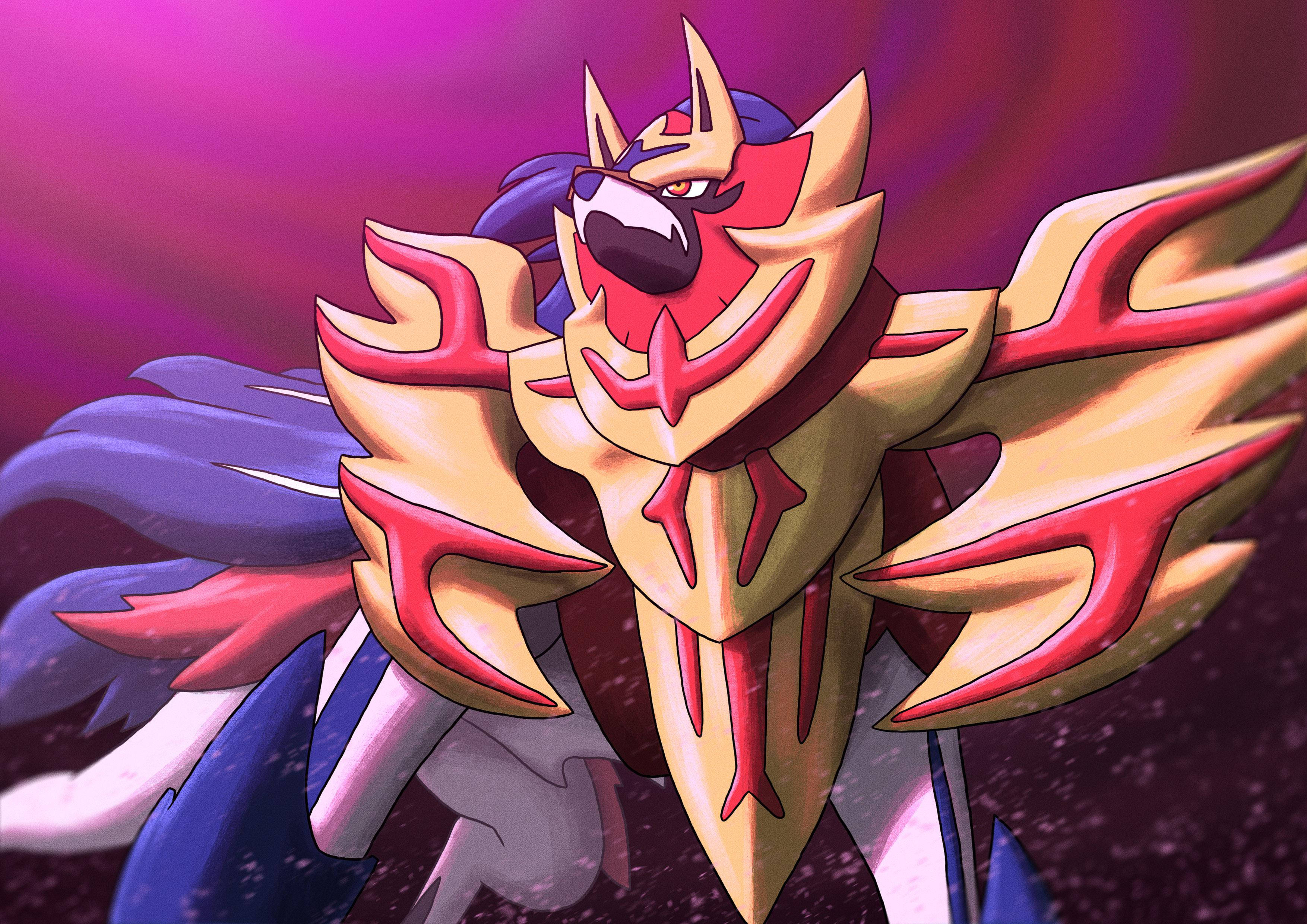 Zamazenta, golden armor, red flame accents, 2K Desktop Wallpaper