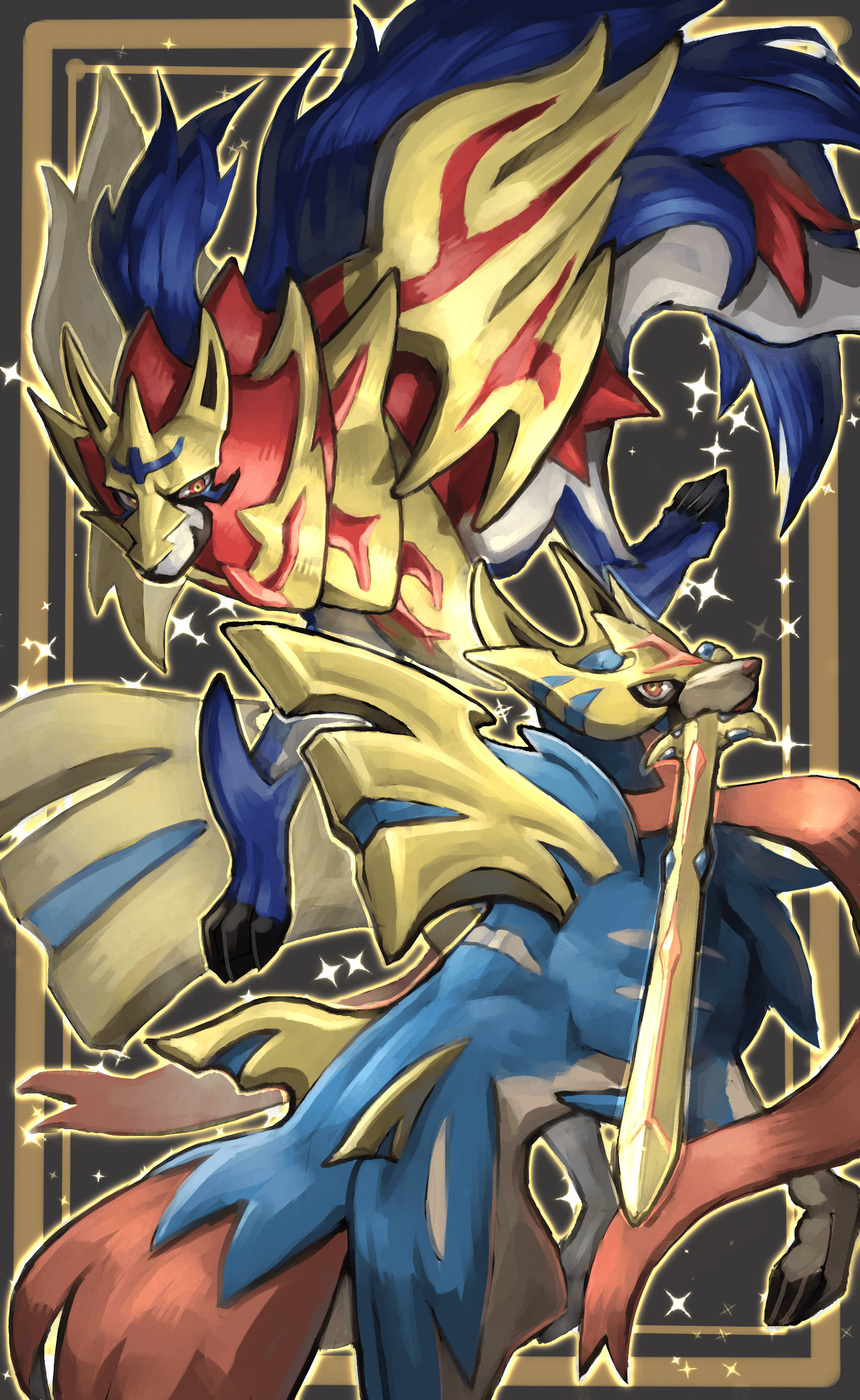 Zamazenta, black and gold, anime-style fox-like creatures, 2K Phone Wallpaper