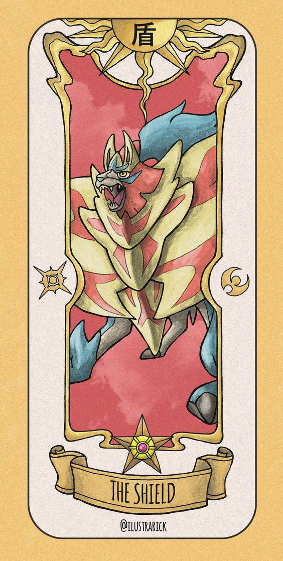 Zamazenta, red and gold armored beast, ornate shield card, SD Phone Wallpaper