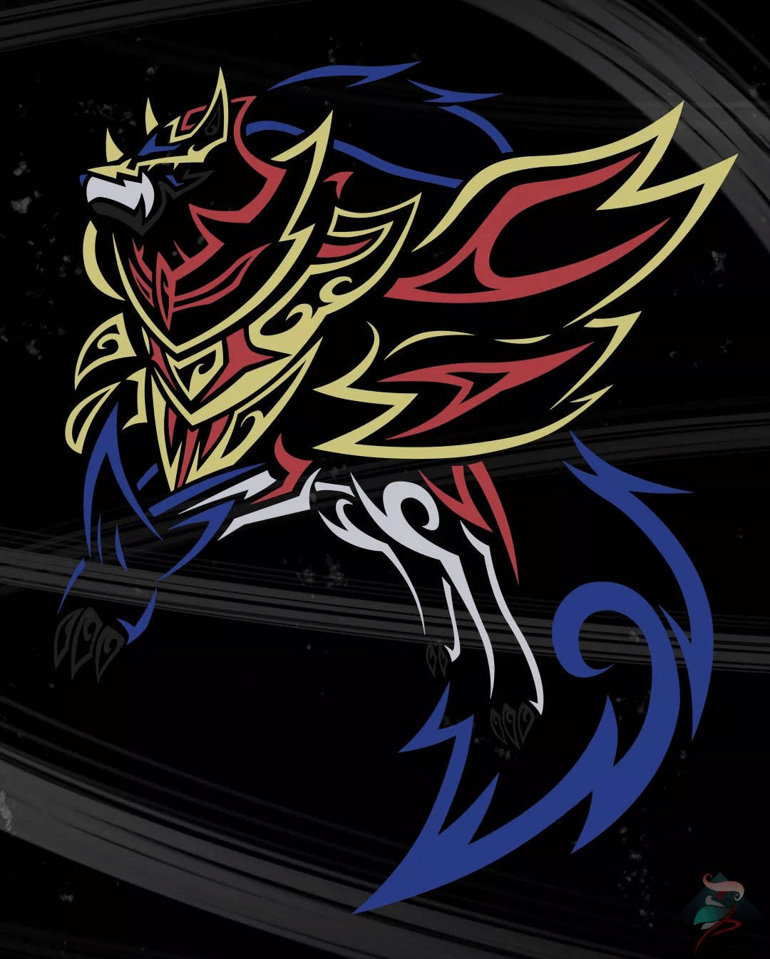 Zamazenta, red gold, blue tribal patterns, HD Phone Wallpaper