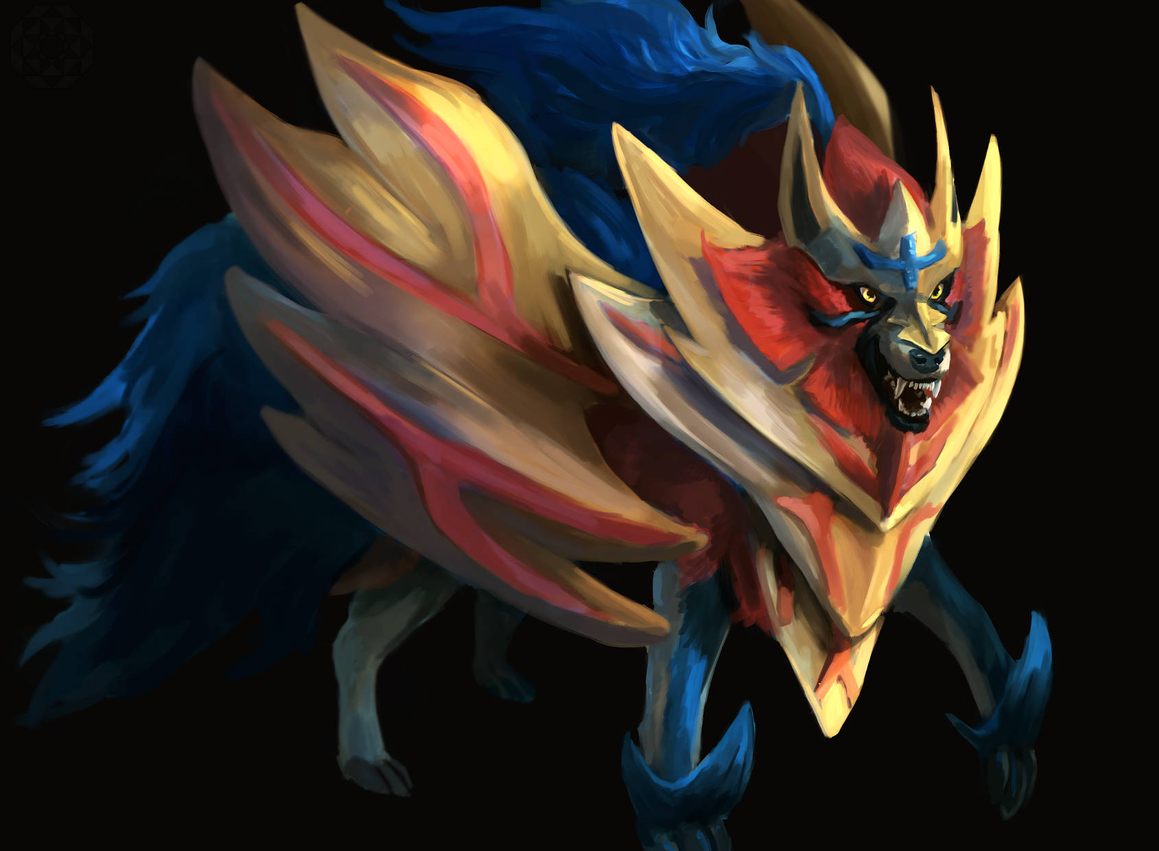 Zamazenta, fiery red gold, blue fur, HD Desktop Wallpaper